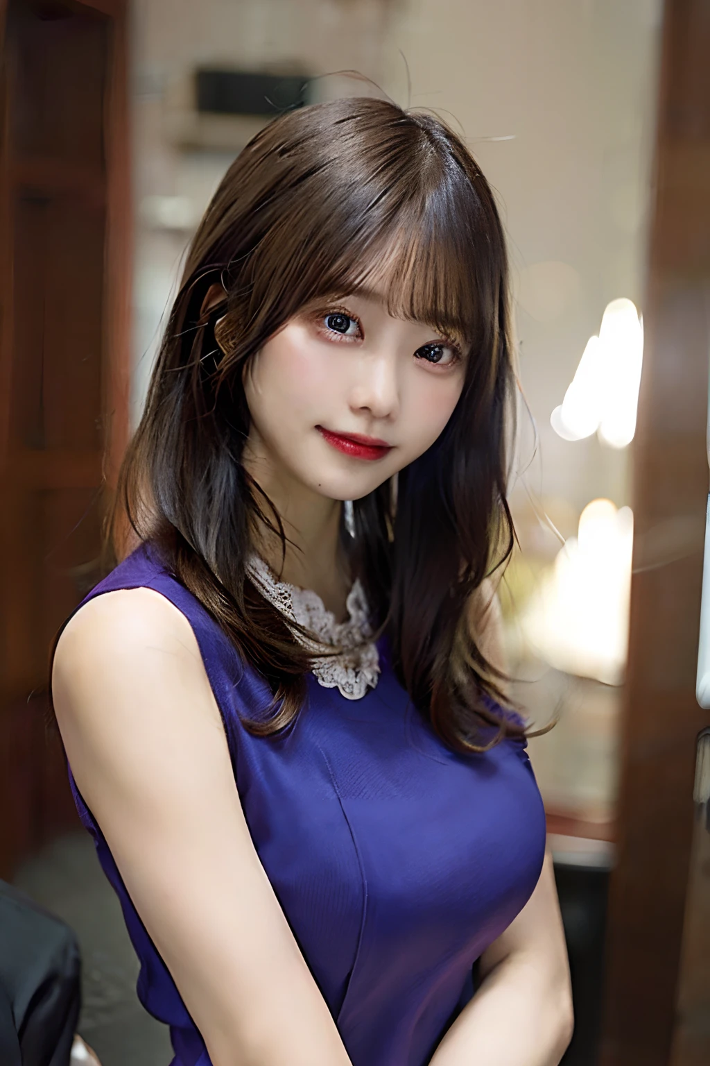 (8k、RAW Photography、top-quality、​masterpiece:1.2)、(realisitic、Photorealsitic:1.37)、ultra-detailliert、超A high resolution、女の子1人、see the beholder、beautifull detailed face、a smile、Constriction、(slim waist) :1.3)、Fluffy shirt、Beautiful detailed skin、Skin texture、floated hair、profetional lighting、moderately large breasts、Purple underwear、Korean Style Beauty