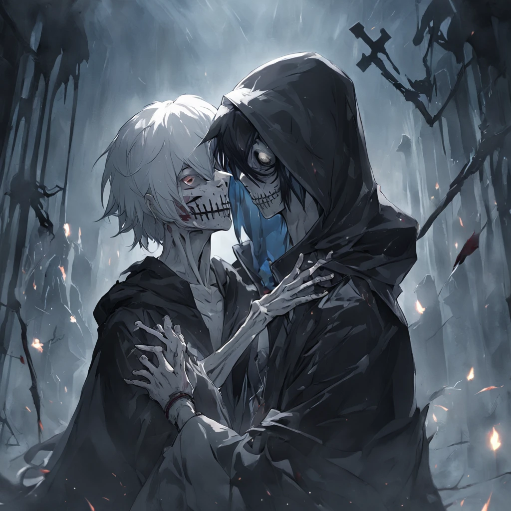 Boy with black hair and white hair，The hair hangs almost down to the neck，Wearing a half-dead mask，Skeleton in hood and scythe kisses his face，Stand at the intersection of light and darkness：HD graphics，Lots of ghosts wearing hoods，Terrifying and eerie texture。