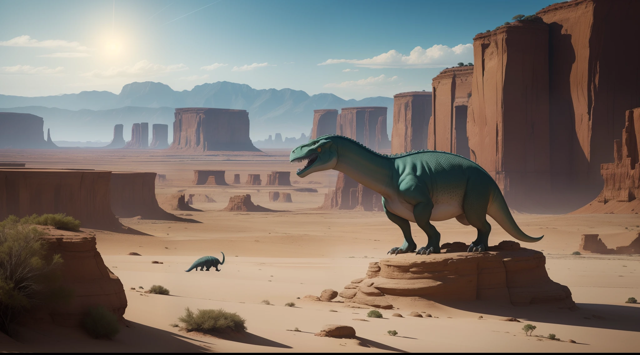 The image features a scene depicting an arid and challenging landscape, onde dinossauros enfrentam dificuldades para sobreviver. This visual representation captures the harshness of the environment and the struggle for life that dinosaurs face on a daily basis.

The landscape is dominated by earthy tones and sand, with barely visible vegetation. Arid and rocky mountains make up the distant horizon, accentuating the vastness and aridity of the terrain.

Some dinosaurs are depicted in the scene, each showing signs of adaptation to adverse conditions. A herbivorous dinosaur is seen leaning over to reach the sparse leaves of a hardy plant. His thinness suggests the struggle for food in the midst of scarcity.

Another carnivorous dinosaur appears crouched, seeking shelter from the scorching sun under a rock formation. His gaze is fixed and attentive, demonstrate the need for constant vigilance in a hostile environment.

The sky above is vast and mercilessly blue, destacando a secura do ambiente. A sense of loneliness and isolation permeates the scene, enfatizando a dura realidade dos dinossauros que lutam para sobreviver.

This image conveys an atmosphere of challenge and perseverance, capturing the essence of dinosaur life in an arid landscape. Evoca um sentimento de empatia por criaturas que enfrentam dificuldades extremas., convidando o espectador a refletir sobre a tenacidade da vida selvagem.