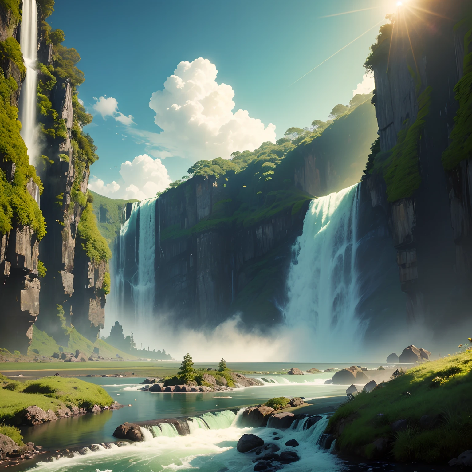 ((Paisagem fotorrealista greenpunk)),8k, qualidade extrema, Ultra realista, Hiper realista, open sky, nascer do sol, cachoeira gigante --auto