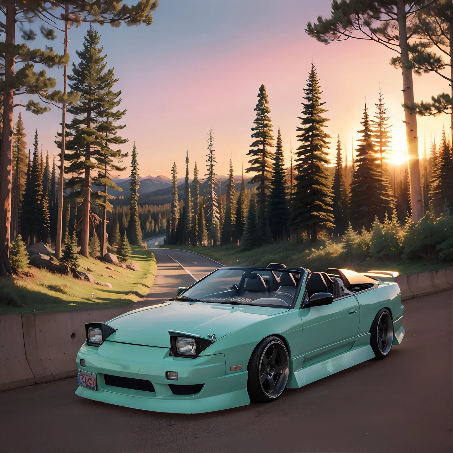 tall trees, sunset, pastel colors, realistic, 12k