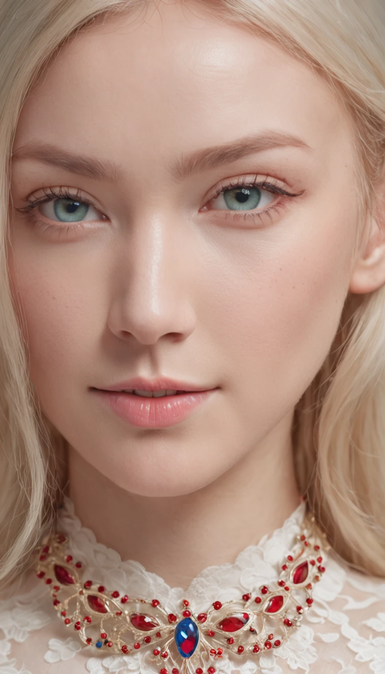 A girl has a red pattern on her forehead, rimless eyewears, Heterochromia is pronounced, Blue-green eyes, seduct smile, Blonde 1-3, Gorgeous and delicate butterfly necklace,intricately carved, Dutch angle, Anatomically correct, Textured skin, Best quality, 1080p