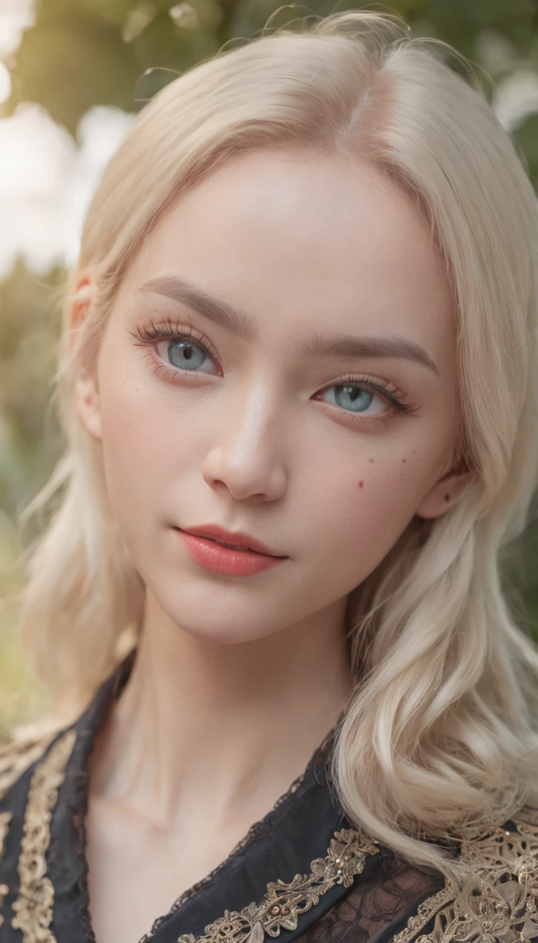 A girl has a red pattern on her forehead, rimless eyewears, Heterochromia is pronounced, Blue-green eyes, seduct smile, Blonde 1-3, Gorgeous and delicate butterfly necklace,intricately carved, Dutch angle, Anatomically correct, Textured skin, Best quality, 1080p