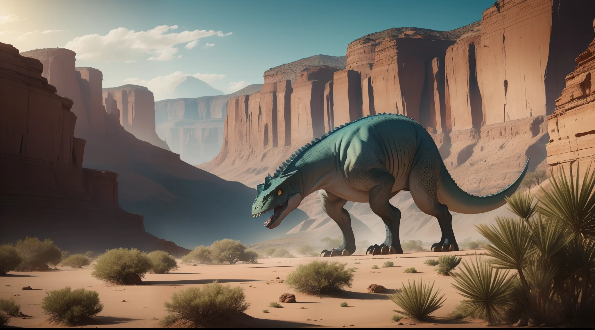 The image features a scene depicting an arid and challenging landscape, onde dinossauros enfrentam dificuldades para sobreviver. This visual representation captures the harshness of the environment and the struggle for life that dinosaurs face on a daily basis.
The landscape is dominated by earthy tones and sand, with barely visible vegetation. Arid and rocky mountains make up the distant horizon, accentuating the vastness and aridity of the terrain.
Some dinosaurs are depicted in the scene, each showing signs of adaptation to adverse conditions. A herbivorous dinosaur is seen leaning over to reach the sparse leaves of a hardy plant. His thinness suggests the struggle for food in the midst of scarcity.
Another carnivorous dinosaur appears crouched, seeking shelter from the scorching sun under a rock formation. His gaze is fixed and attentive, demonstrate the need for constant vigilance in a hostile environment.
The sky above is vast and mercilessly blue, destacando a secura do ambiente. A sense of loneliness and isolation permeates the scene, enfatizando a dura realidade dos dinossauros que lutam para sobreviver.
This image conveys an atmosphere of challenge and perseverance, capturing the essence of dinosaur life in an arid landscape. Evoca um sentimento de empatia por criaturas que enfrentam dificuldades extremas., convidando o espectador a refletir sobre a tenacidade da vida selvagem.