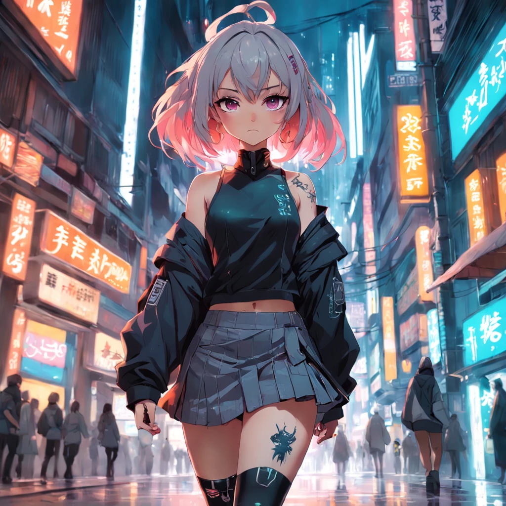 anime girl with tattoos and a skirt walking down a street, anime style character, cyberpunk anime girl, urban girl fanart, female cyberpunk anime girl, anime character, digital cyberpunk anime art, female anime character, anime styled, forest city streets behind her, anime style. 8k, artwork in the style of guweiz, anime styled digital art, anime realism style