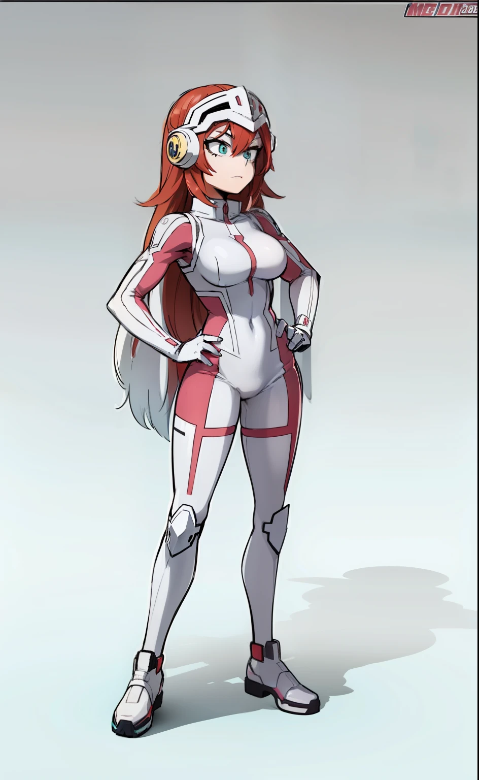 My Hero Academia style, anime Girl, female, trending on artstation pixiv, (full body shot:0.5), wide hips, wide thighs, large breast, covered head, helmet, long hair, redhead, blue eyes, hero outfit, full body suit, white color suit with neon pink lines, Perfect anatomy, Super Detailed,