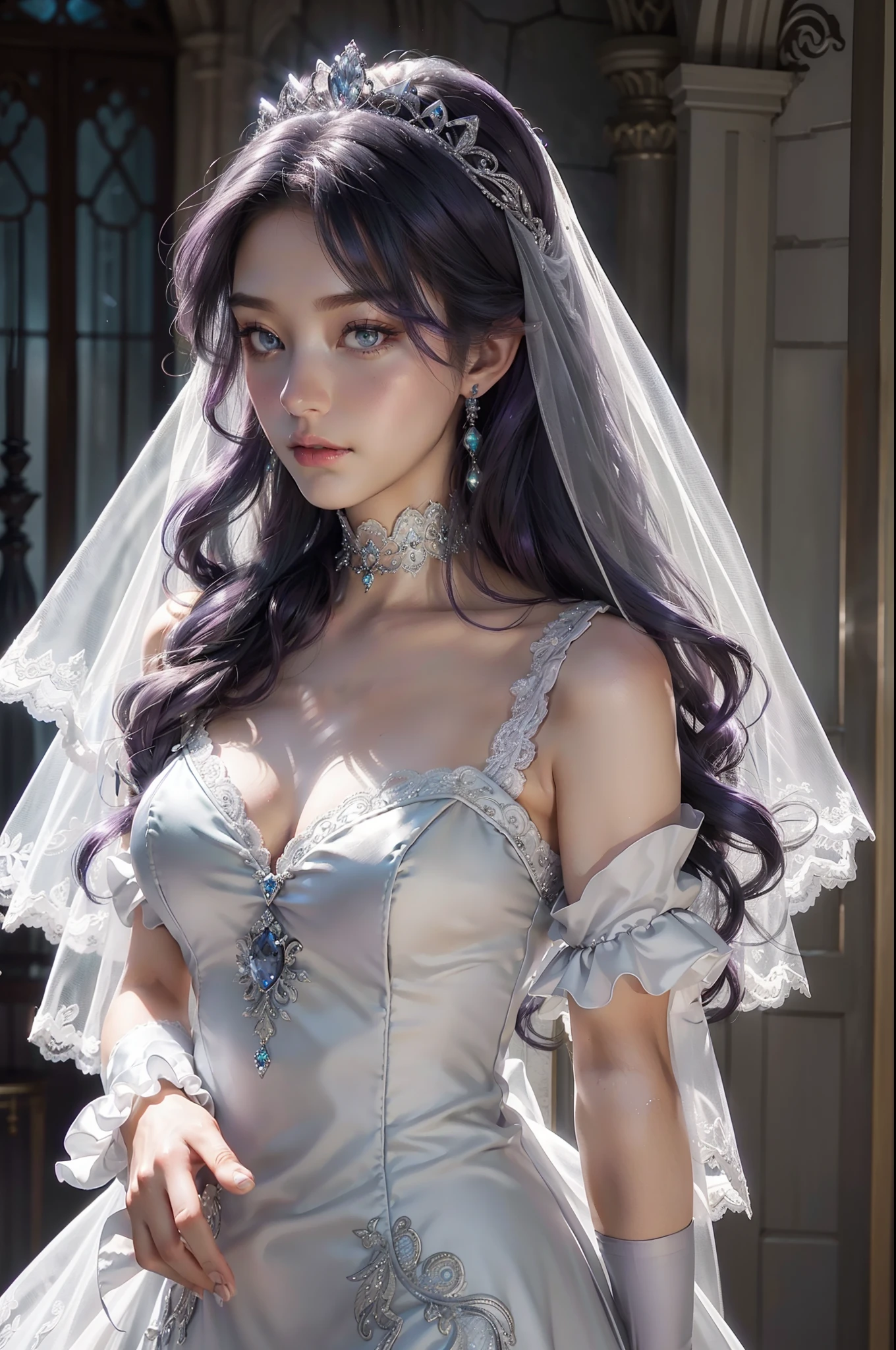 1Bride with mermaid wedding dress in satin, short lace sleeves, ruffled. Long veil. Silver and sapphire jewelry and embellishments. Dark purple hair, green gray eyes. Silver tiara, elegant make-up. Castle as background, cinematic light, highly detailed.