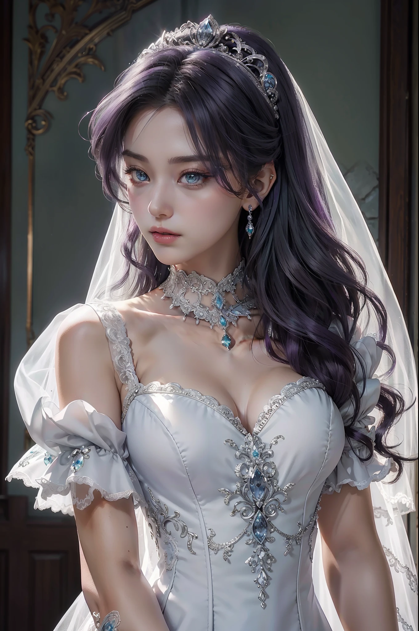 mulher, noiva, vestido de noiva deslumbrante modelo sereia de cetim de seda pura, with heart-shaped neckline, Illusory tulle straps and a majestic train adorned with pearl buttons. French lace veil, Accessories for pearls and diamonds, sapatos personalizados, A bouquet of white flowers, maquiagem suave, um coque baixo, unhas com manicure francesa e uma tiara de diamantes. (extremamente detalhado CG unidade 8k papel de parede),(master part), (melhor qualidade), (ultra-detalhado), (best illustration),(melhor sombra), cowboy shot, (Sharp eyeliner, sombra, olhos detalhados:1),quebrar , (star15escola:1.2), ornamento de cabelo.