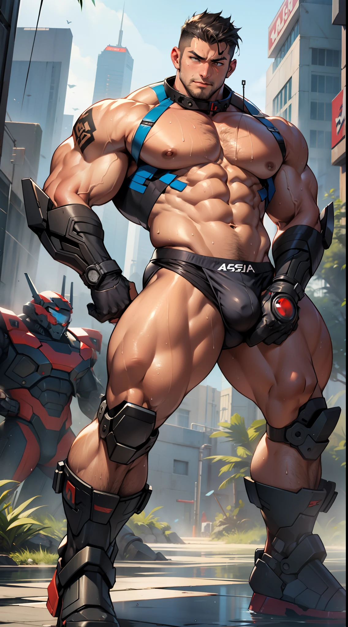 A tall muscular boy , Naked , Legs spread , (The whole body of the character),impact , Sweaty , Wet , Seductive , Bigboobs , large bulge , big balls ,, From the knees , big assa,mechs,punky style