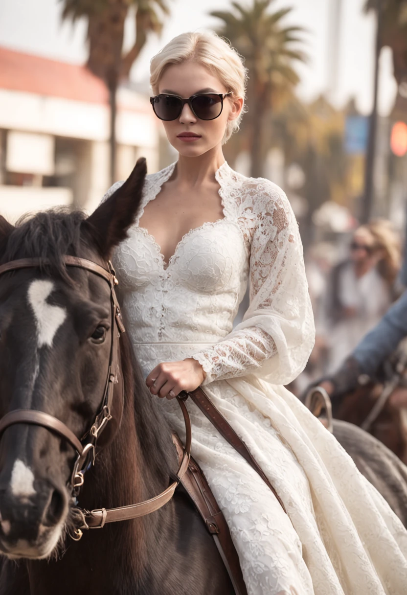 Beautiful short hair blonde Nordic princess in flowing white lace gown wearing sunglasses riding a black stallion on Hollywood Blvd., California holding a jousting pole, cinematic lighting, highly detailed, 8K, F 2.8, 24 mm