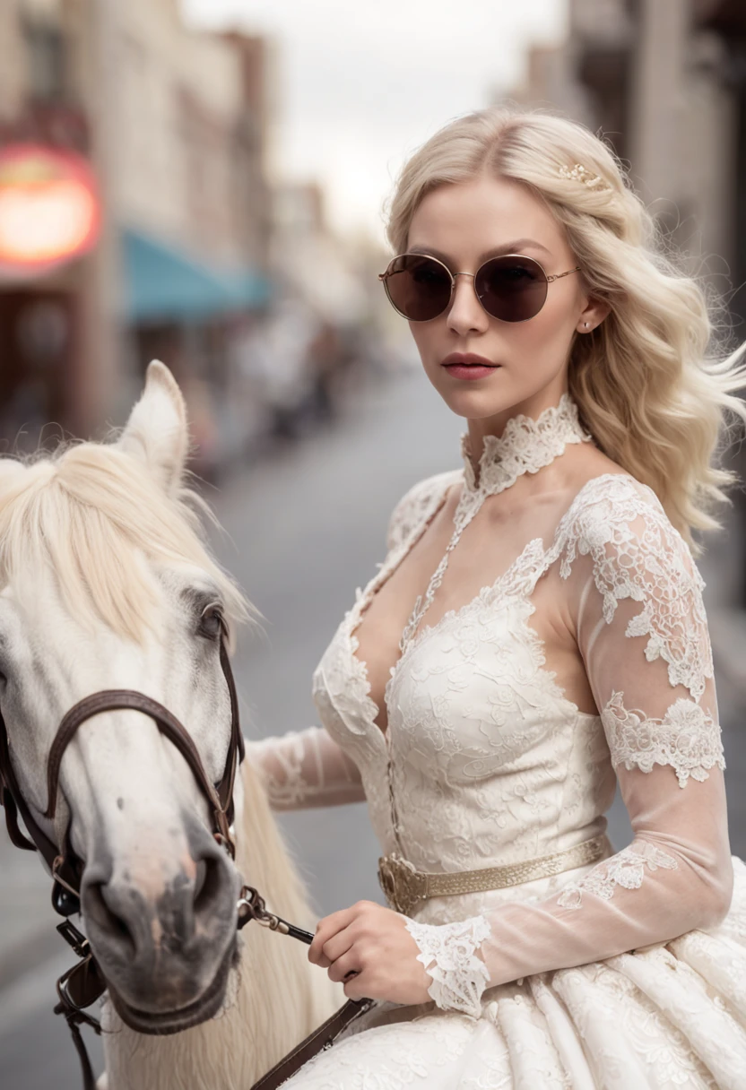 Beautiful short hair blonde Nordic princess in flowing white lace gown wearing sunglasses riding a black stallion on Hollywood Blvd., California holding a jousting pole, cinematic lighting, highly detailed, 8K, F 2.8, 24 mm