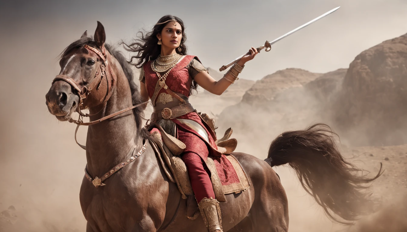 Historical portrayal of the brave warrior queen, Rani Lakshmibai, riding on her gallant steed, sword raised high in a battle-ready pose, adorned in majestic armor and traditional attire. The artwork should capture the essence of her strength, courage, and indomitable spirit, while the background illustrates a battlefield infused with smoke and chaos, dramatic lighting, and historical accuracy. Rendered in a style reminiscent of the classical artworks of the 19th century with attention to fine details and intricate textures. Acclaimed artists like Frederic Leighton, John Everett Millais, and Gustave Doré serve as inspiration, while incorporating elements of cinematic composition to emphasize the heroic nature of her struggle.