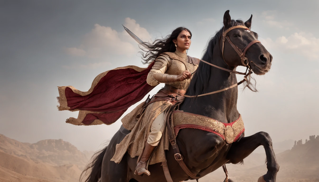 Historical portrayal of the brave warrior queen, Rani Lakshmibai, riding on her gallant steed, sword raised high in a battle-ready pose, adorned in majestic armor and traditional attire. The artwork should capture the essence of her strength, courage, and indomitable spirit, while the background illustrates a battlefield infused with smoke and chaos, dramatic lighting, and historical accuracy. Rendered in a style reminiscent of the classical artworks of the 19th century with attention to fine details and intricate textures. Acclaimed artists like Frederic Leighton, John Everett Millais, and Gustave Doré serve as inspiration, while incorporating elements of cinematic composition to emphasize the heroic nature of her struggle.