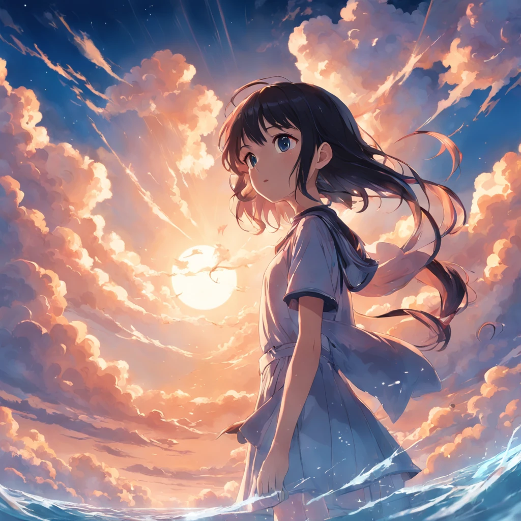 bojji, obra maestra, mejor calidad, Still film, 1人の女の子, Cloud Girl, flotando en el cielo, primer plano, brillante, feliz, soft warm lighting, puesta de sol (chispas: 0,7)