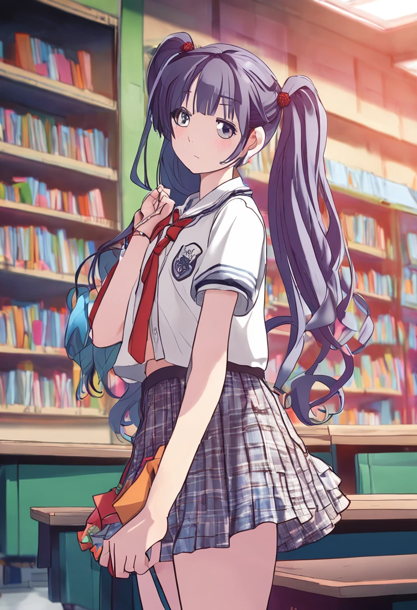 "1 girl with long pigtails, wearing a frilly skirt and crop top, in a short school uniform, set in a vibrant school environment."