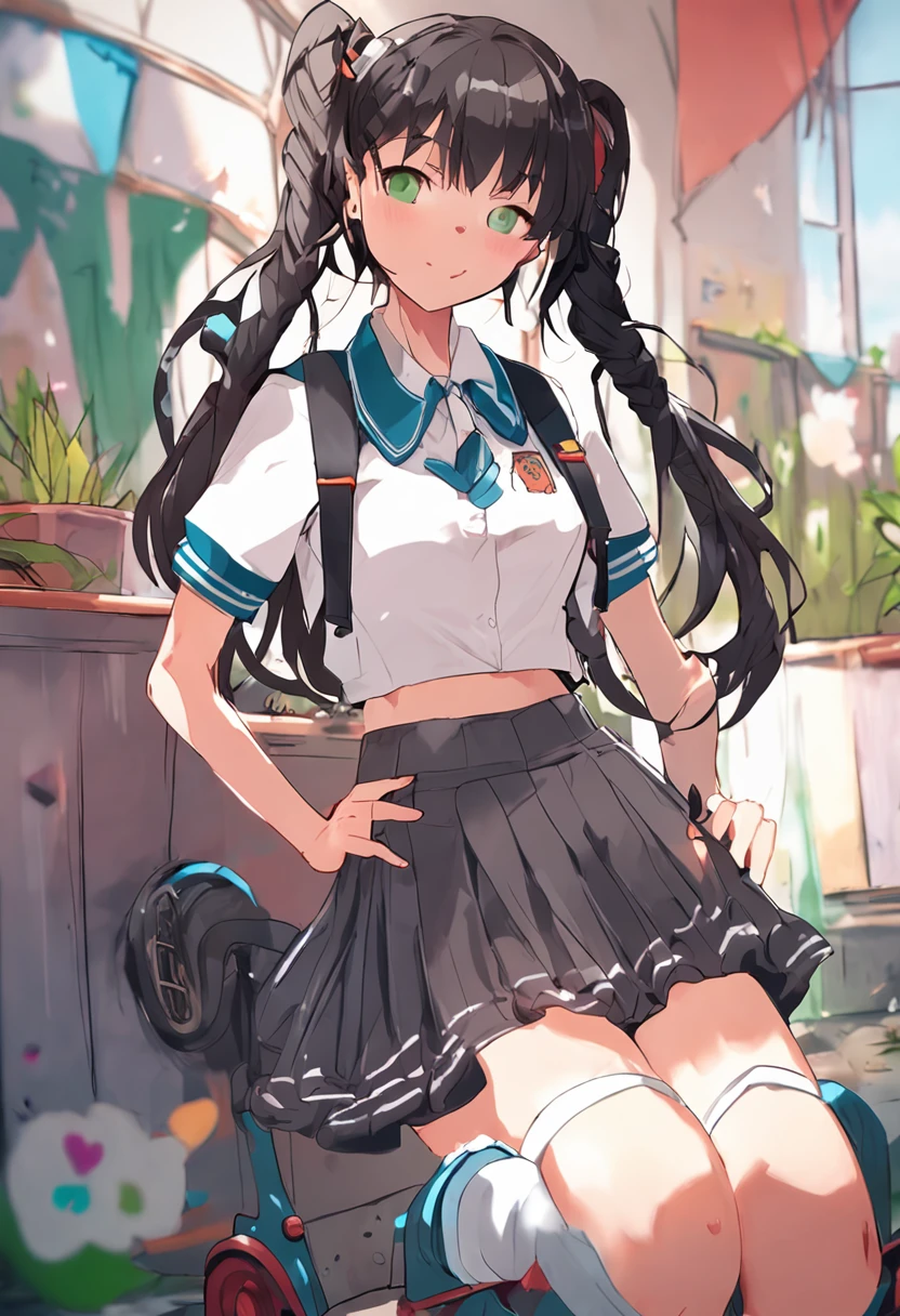 Tazune rirei, nsfw, 8k, ultra-detailed, Masterpiece, best quality, aqua eyes, black hair, side ponytail, white shirt,  ((skirt lift)), spread pussy, open vagina, kuppa, love juice, middle chest, day, city, standing on stairs, 1girl, solo, ((from below)), looking at viewer, thighs, boots, portrait, bokeh, blush, embarrassed