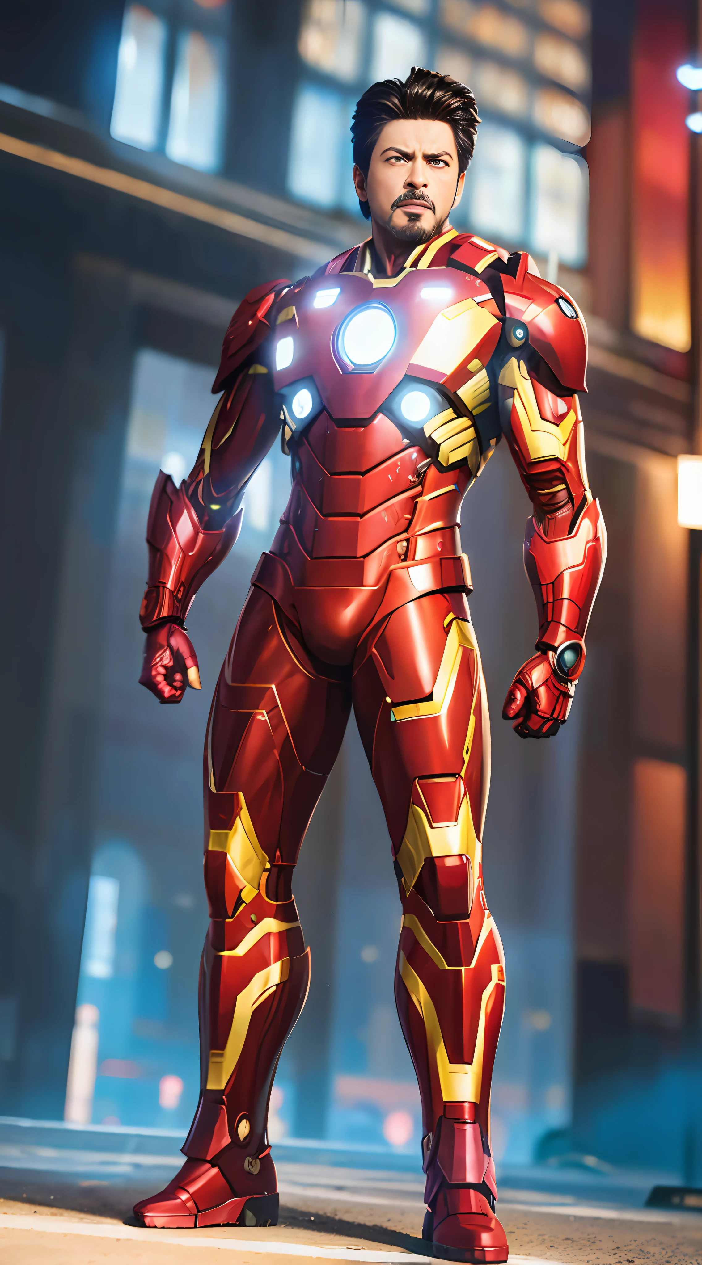 araffed man in a suit of iron man standing in front of a building, iron man, like ironman, cyberpunk iron man, ironman, hq 4k wallpaper, Shah Rukh Khan as iron man, cinematic body shot, cinematic full body shot, hero pose colorful city lighting, marvel style, covered in full metal armor, hq 4k phone wallpaper