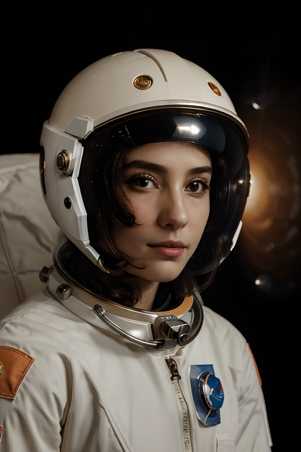 retrato de una mujer astronauta con un (Cosmic Explorer Helmet) Photographed on the Moon in a cream spacesuit with orange hue of the retrofuturistic 90s