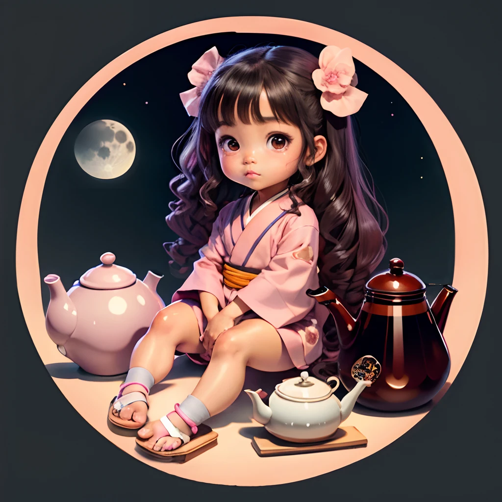Cute dark brown skinned chibi anime, grey and pink kimono, sit in the teapot, moon, long curly black hair, clear toes, clear feet, freckle face, wear sandals, hair tied up