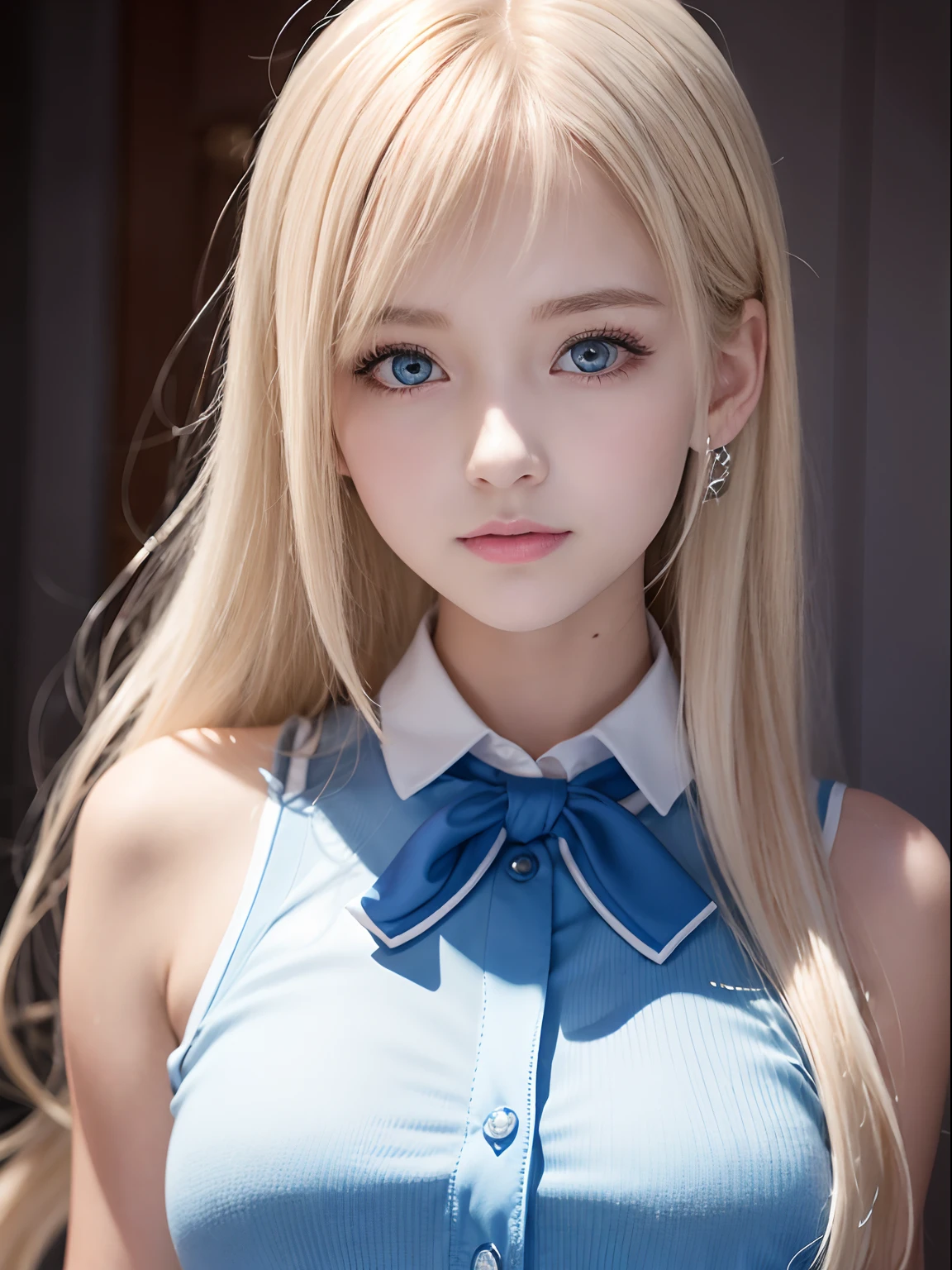 portlate、School Uniforms、bright expression、poneyTail、Young shiny shiny white shiny skin、Best Looks、Blonde reflected light、Platinum blonde hair with dazzling highlights、shiny light hair,、Super long silky straight hair、Beautiful bangs that shine、Glowing crystal clear attractive big blue eyes、Very beautiful nice cute  girl、Lush bust、Healthy skin、