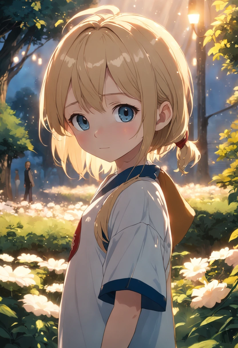 A 6-year-old blonde boy standing in a garden, alta qualidade, Foco claro (mess - house: 0.8), (obra-prima: 1.2) (realista: 1.2) (Bokeh) (melhor qualidade) (pele detalhada: 1.3) (detalhes intrincados) (8k) (Detalhe Olho) (foco nítido), (assustado) (various poses) Desenho