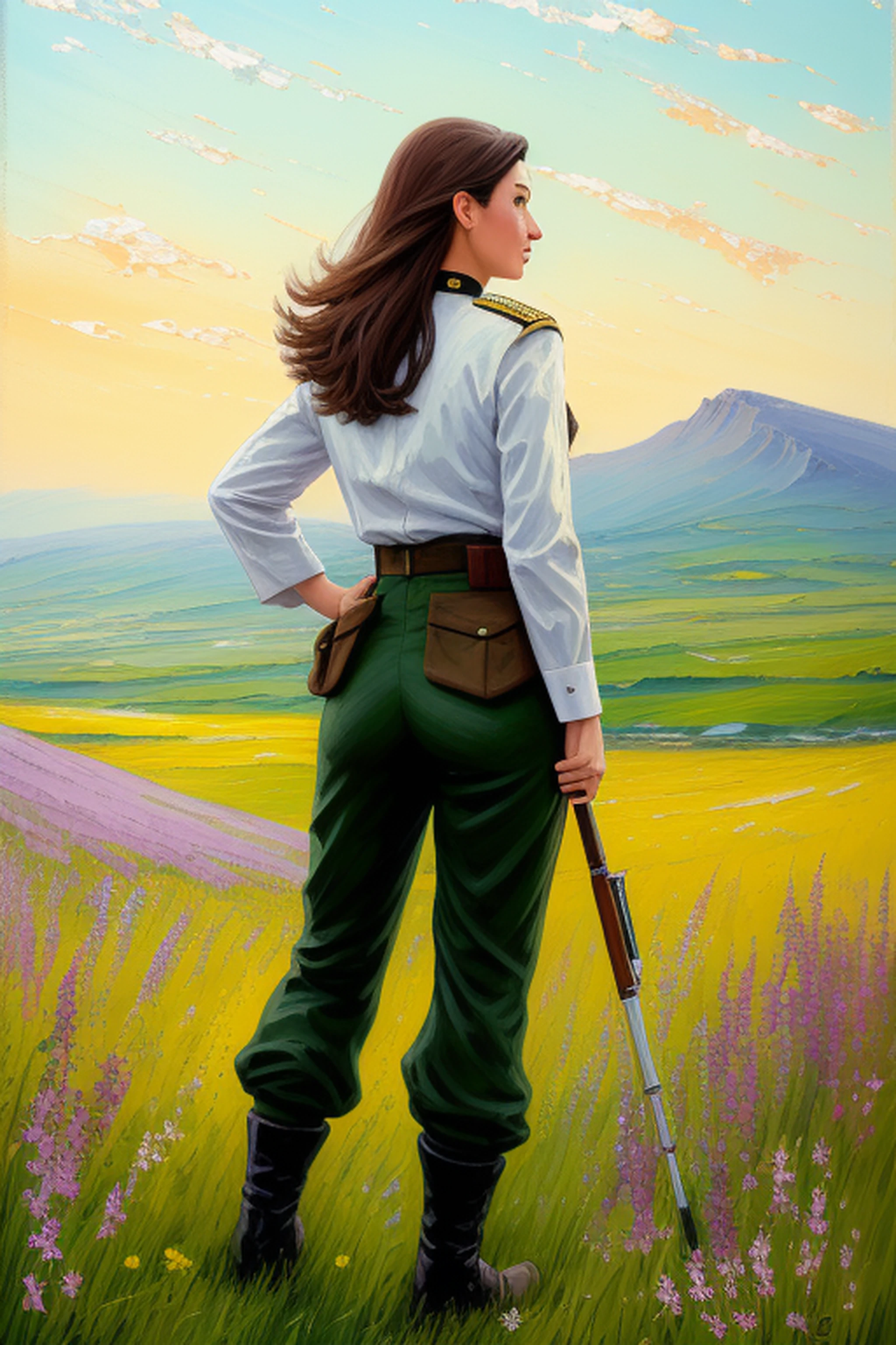 picture of woman from behind, highly-detailed, standing straight up pose, dynamic pose, military uniform, pants, in a dreamlike setting, with soft pastel colors, in wide open landscape, hilltop wildflower field, painted in impressionist style, brushstroke painting technique, palette knife painting, an expressive oil painting,