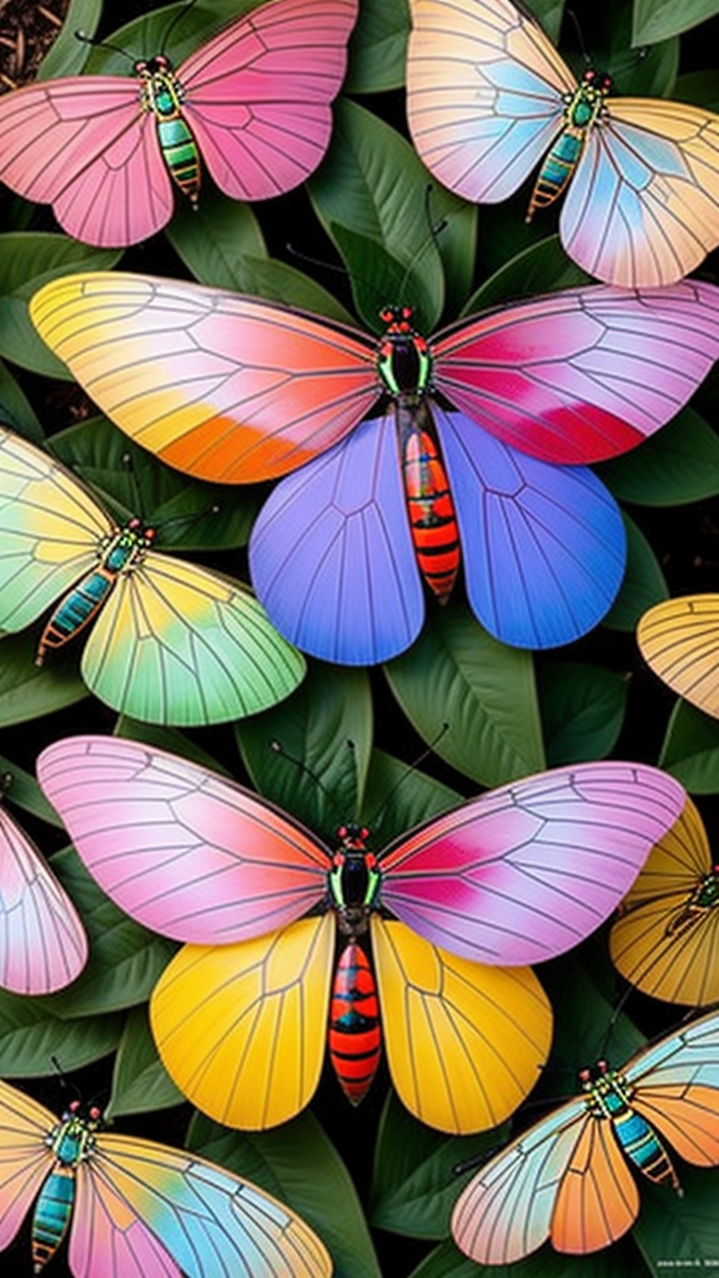 A garden filled with giant, colorful insects, in the style of Pablo Picasso