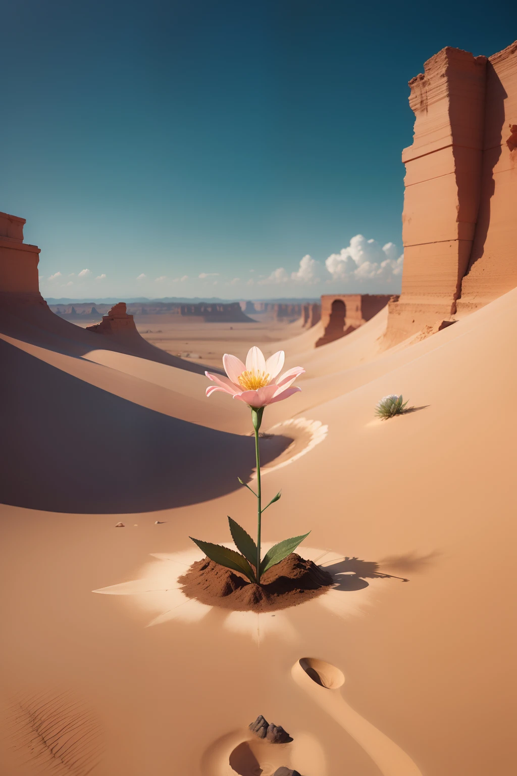 A flower blooming in the middle of a barren terrain.