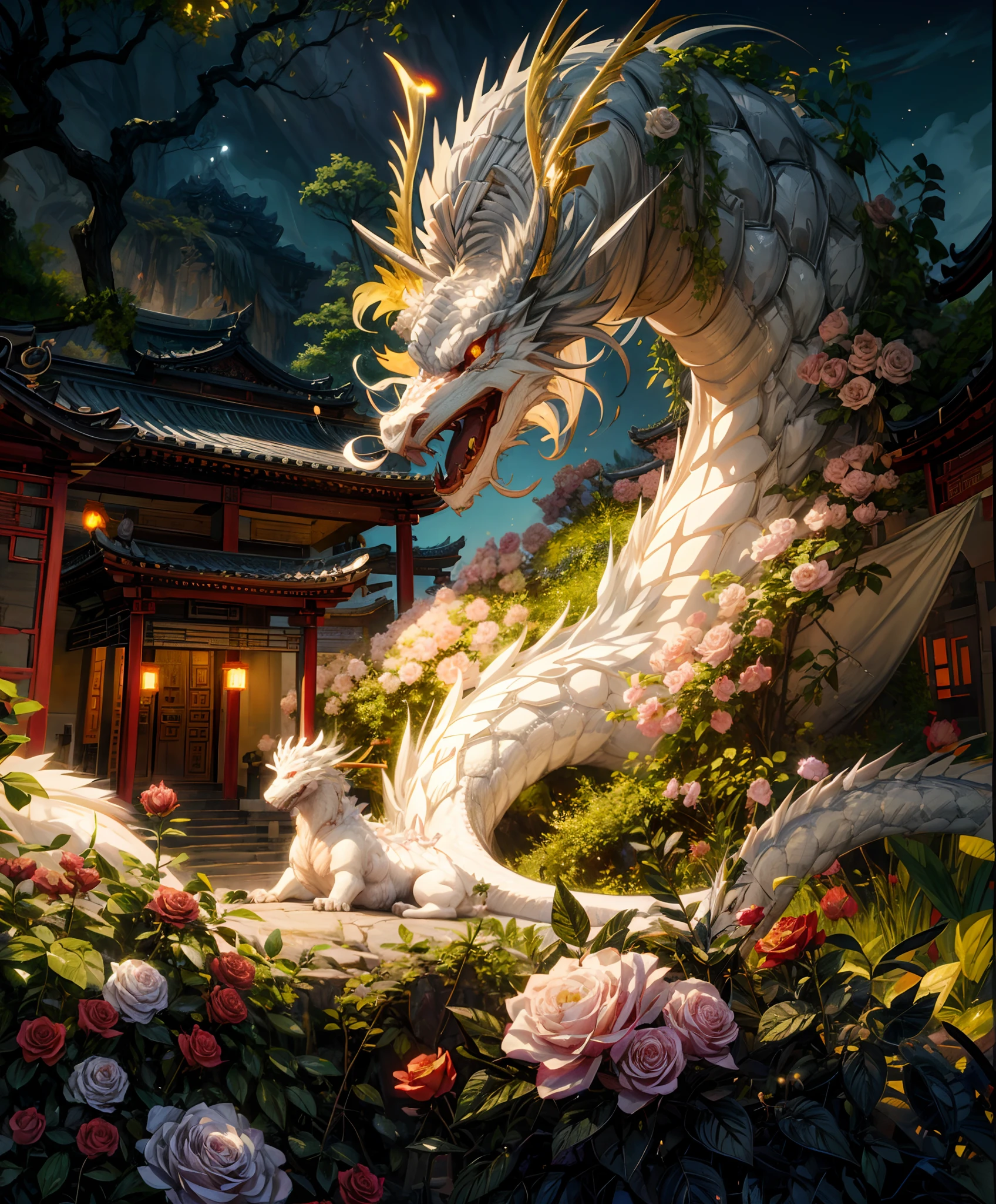 Chinese floral white dragon protecting the tample in full moon night, floral white rose filed,mighty look, digital painting, concept art