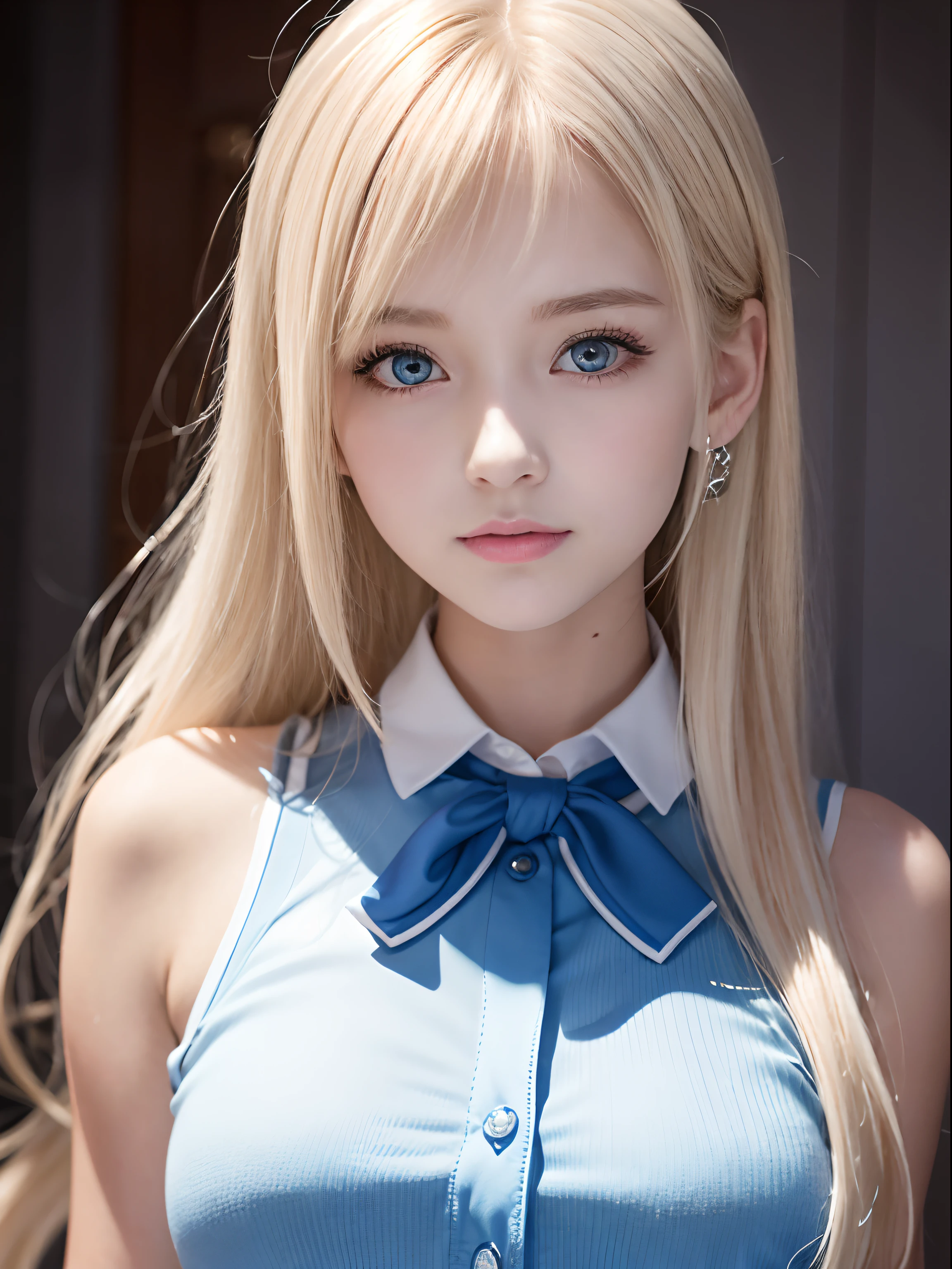 portlate、School Uniforms、bright expression、poneyTail、Young shiny shiny white shiny skin、Best Looks、Blonde reflected light、Platinum blonde hair with dazzling highlights、shiny light hair,、Super long silky straight hair、Beautiful bangs that shine、Glowing crystal clear attractive big blue eyes、Very beautiful nice cute 16 year old girl、Lush bust、Healthy skin、