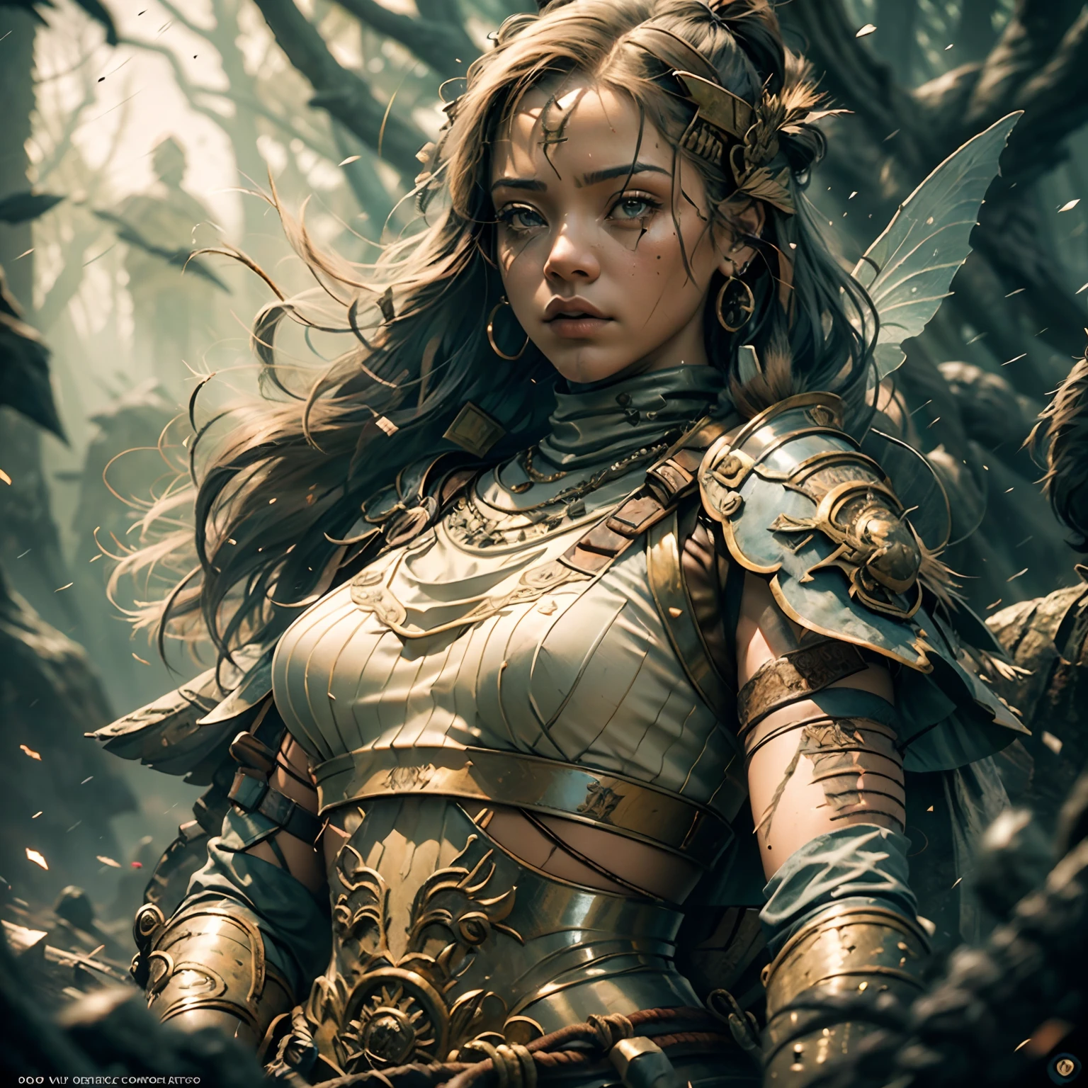Delicate Young Rihanna, Lara Croft, Fathom comic, Muscular arms, Sharp focus, Concept art, Hyperrealism, Realistic lighting, Highly detailed, 8k, Iridescent accents, Ultra detailed, Atmospheric, Cinematic lighting, faerie in forest