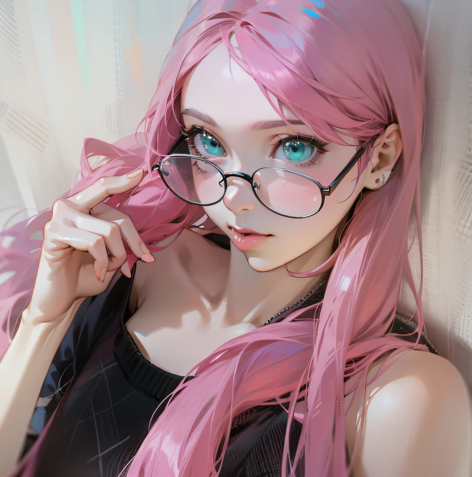 arafed woman with pink hair and glasses posing for a picture, belle delphine, anime girl in real life, pink twintail hair and cyan eyes, long flowing pink hair, pastel light pink very long hair, pink glasses, long pink hair, with pink hair, pink straight hair, long light pink hair, with glasses, long bubblegum hair, flowing pink hair
