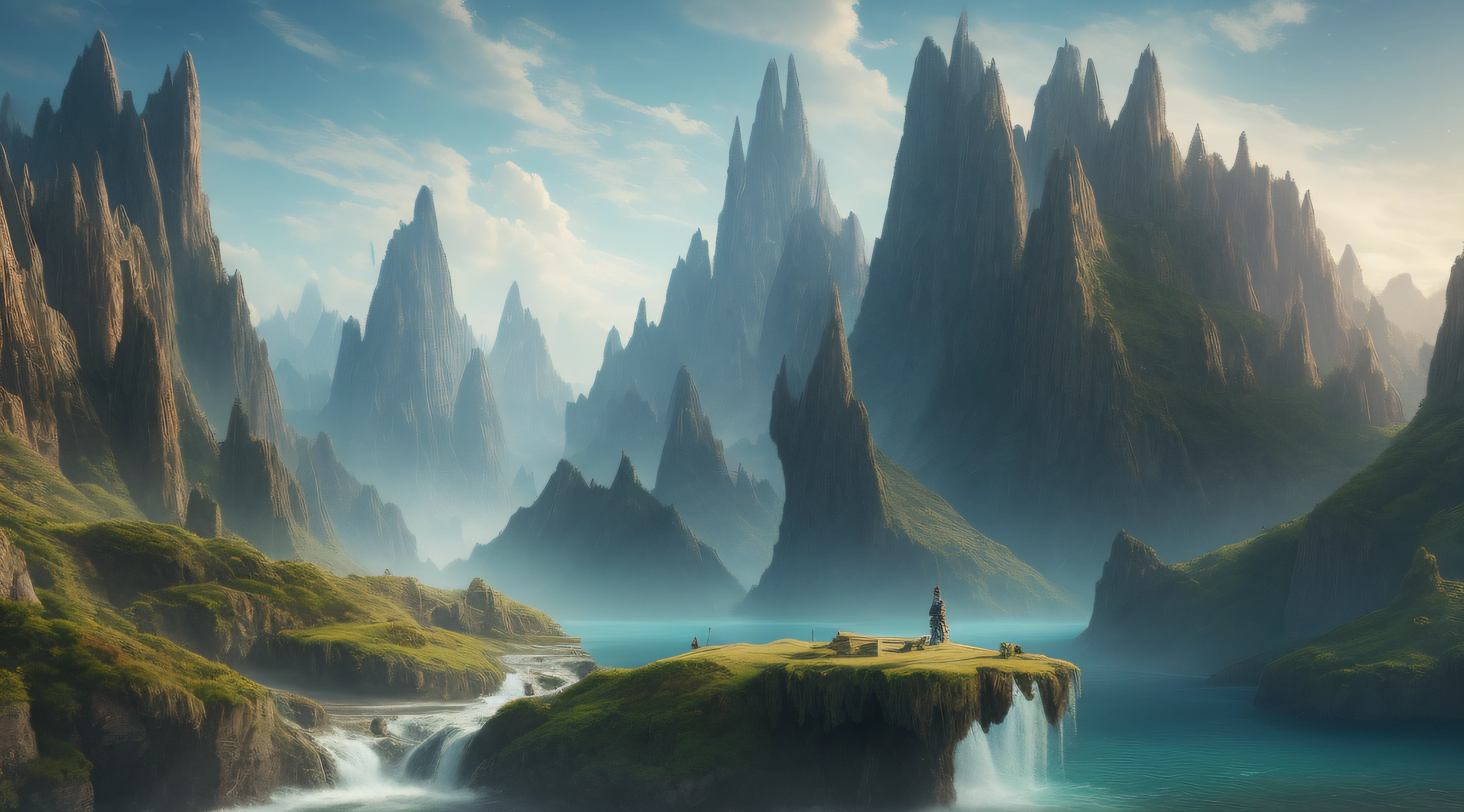 Masterpiece, best quality, high quality, extremely detailed CG unity 8k wallpaper, landscape, outdoor, sky, cloud, sky, no humans, mountain, landscape, water, tree, blue sky, waterfall, cliff, nature, lake, river , cloudy skies, award winning photography, bokeh, depth of field, HDR, bloom, chromatic aberration, photorealism, very detailed, trending on artstation, trending on CGsociety, intricate, high detail, dramatic, midjourney art