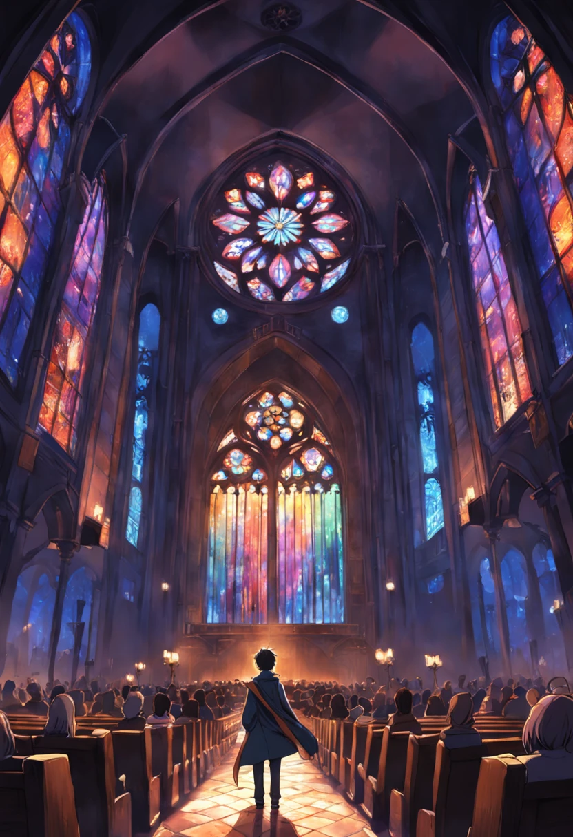 Ambiente realista de uma catedral escura, com luzes passando por vitrais coloridos. Ao centro, seen from the back a musician with guitar on his back.