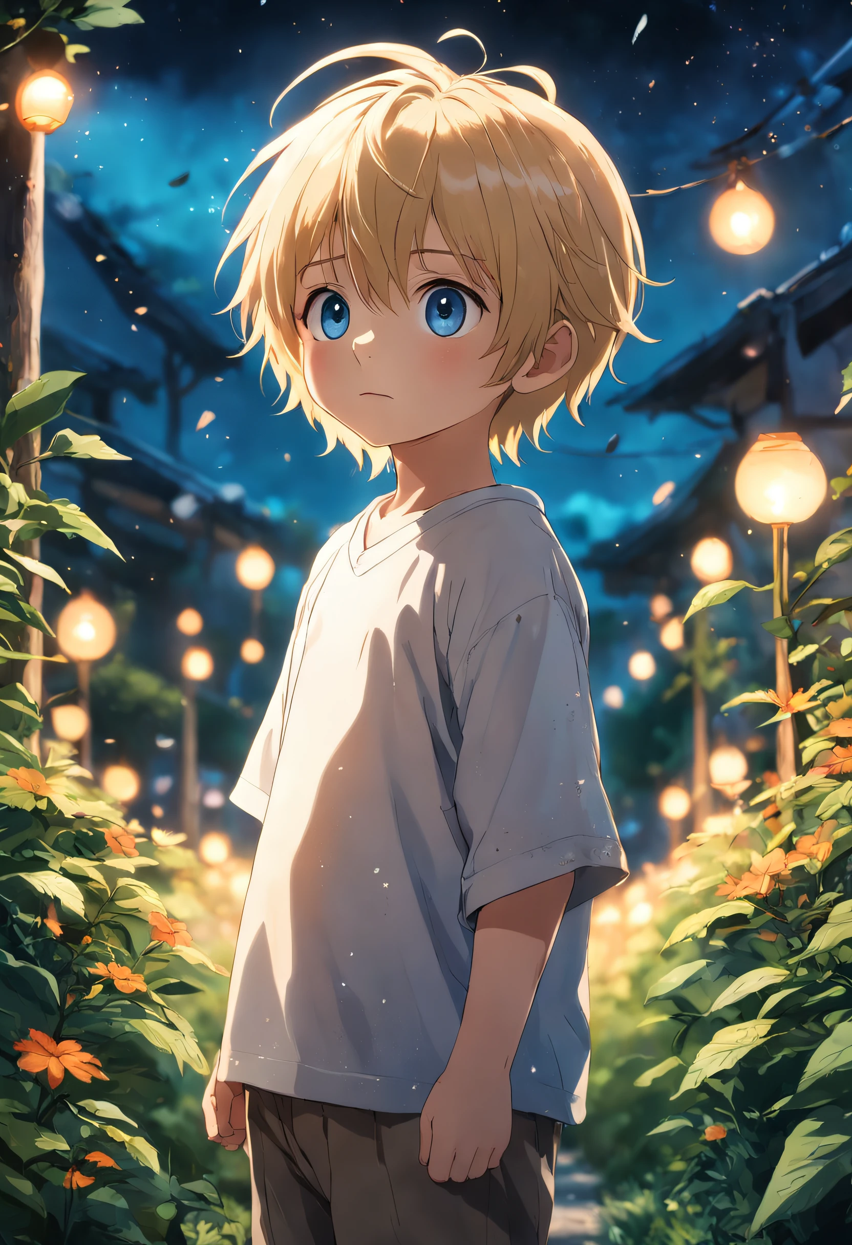 A 6-year-old blonde boy standing in a garden, alta qualidade, Foco claro (mess - house: 0.8), (obra-prima: 1.2) (realista: 1.2) (Bokeh) (melhor qualidade) (pele detalhada: 1.3) (detalhes intrincados) (8k) (Detalhe Olho) (foco nítido), (assustado) (various poses) Desenho