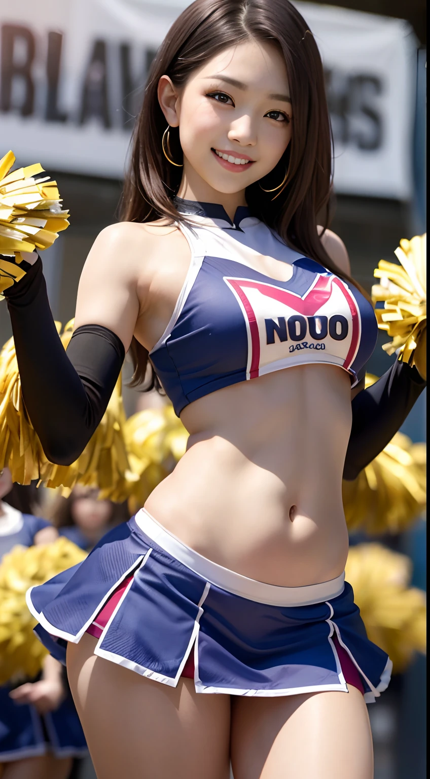 8K raw photos、Beautuful Women:2.0、24 years of age、jpn、Cute Baby Turtle、nedium breasts、((cheer girl:1.5))、A miniskirt、Beautiful eyes finely detailed、eyeslashes、((Brown eyes:1.2))、beautiful double eyelid、eye shadows、Perfect eye makeup、((A smile:1.6))、beautiful and thin legs、(Maroon hair)、Medium hair、Fluffy hair、stadio、Daytime、latina、Photorealsitic:1.9、Sexy navel、Skinny legs、tthin eyebrows、tear bag、lofty nose、((Highly sexy))