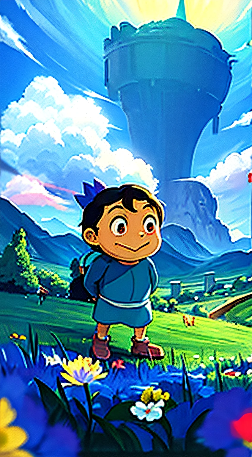 Caricature of a boy in a blue dress standing in a field, Arte Oficial, inspirado por Goro Fujita, The Prince of Flowers, Hero 2 d Fanart Artsation, Mobile Game Art, Ilustraciones oficiales, Fanart oficial, Coronation of the Prince of Flowers, Arte del juego, Fanart de alta calidad, Arte promocional, studio ghibli art style, por Goro Fujita, Arte conceptual oficial