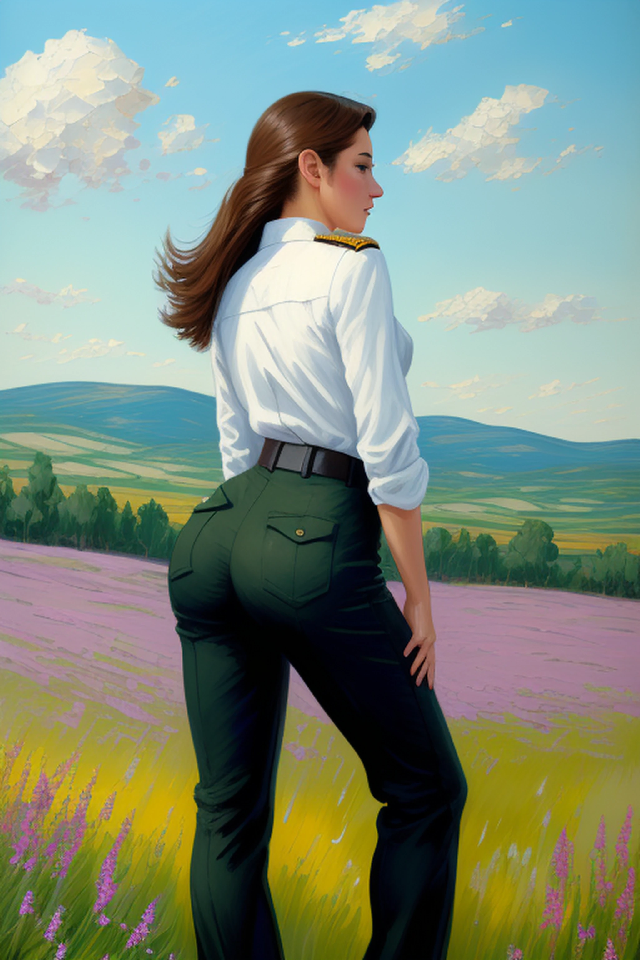 picture of woman from behind, closeup of the butt, highly-detailed, standing straight up pose, dynamic sexy pose, military uniform, pants, in a dreamlike setting, with soft pastel colors, in wide open landscape, hilltop wildflower field, painted in impressionist style, brushstroke painting technique, palette knife painting, an expressive oil painting,