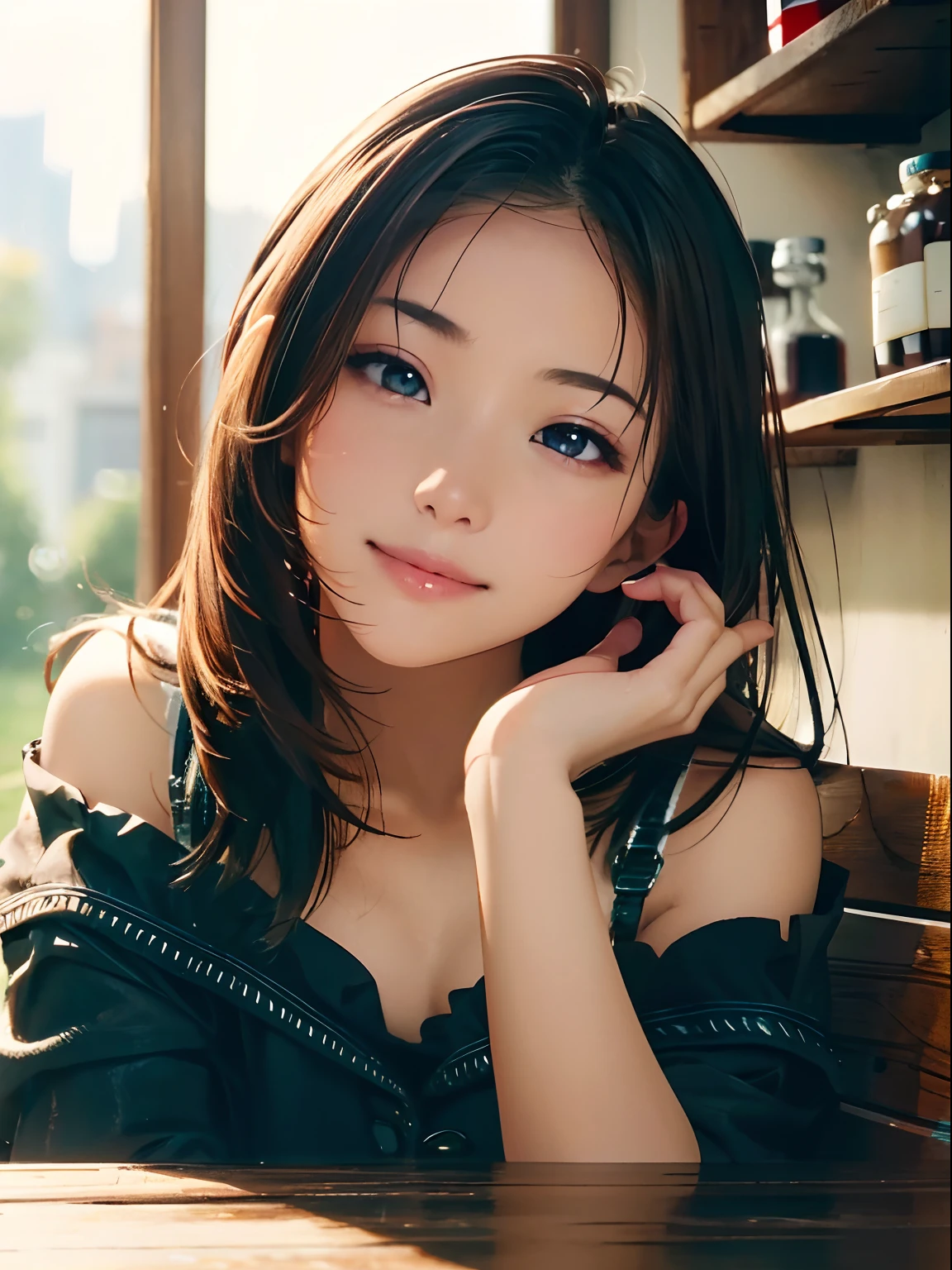 (Best Quality:1.2, 8K, Sharp Focus, master piece: 1.2, natural Light, extremely details CG, beautiful Girl, reality, Detailed face textures, Realistic skin, beautiful makeup, Detailed bangs)), (depth of fields), Bokeh background, Head tilt, Smile, closes mouth, shiny black long hair, Cowboy Shot, arm up, jacket off shoulder, wind, looking away