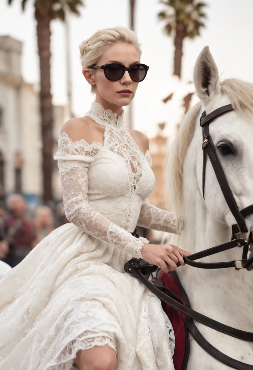 Beautiful short hair blonde Nordic princess in flowing white lace gown wearing sunglasses riding a black stallion on Hollywood Blvd., California holding a jousting pole, cinematic lighting, highly detailed, 8K, F 2.8, 24 mm