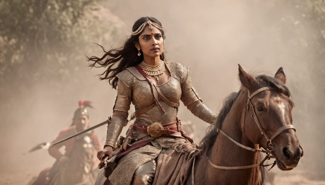 Historical portrayal of the brave warrior queen, Rani Lakshmibai, riding on her gallant steed, sword raised high in a battle-ready pose, adorned in majestic armor and traditional attire. The artwork should capture the essence of her strength, courage, and indomitable spirit, while the background illustrates a battlefield infused with smoke and chaos, dramatic lighting, and historical accuracy. Rendered in a style reminiscent of the classical artworks of the 19th century with attention to fine details and intricate textures. Acclaimed artists like Frederic Leighton, John Everett Millais, and Gustave Doré serve as inspiration, while incorporating elements of cinematic composition to emphasize the heroic nature of her struggle. 64k image
