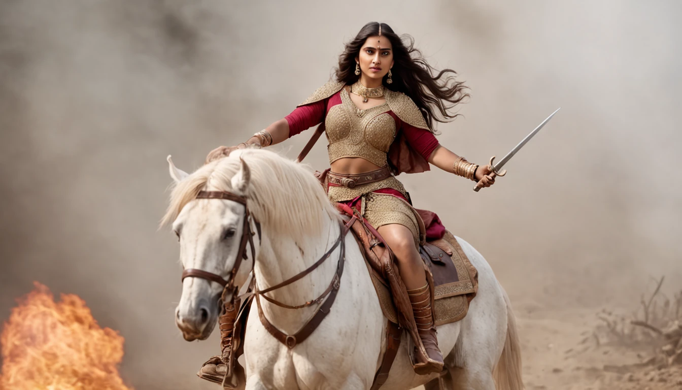 Historical portrayal of the brave warrior queen, Rani Lakshmibai, riding on her gallant steed, sword raised high in a battle-ready pose, adorned in majestic armor and traditional attire. The artwork should capture the essence of her strength, courage, and indomitable spirit, while the background illustrates a battlefield infused with smoke and chaos, dramatic lighting, and historical accuracy. Rendered in a style reminiscent of the classical artworks of the 19th century with attention to fine details and intricate textures. Acclaimed artists like Frederic Leighton, John Everett Millais, and Gustave Doré serve as inspiration, while incorporating elements of cinematic composition to emphasize the heroic nature of her struggle. 64k image