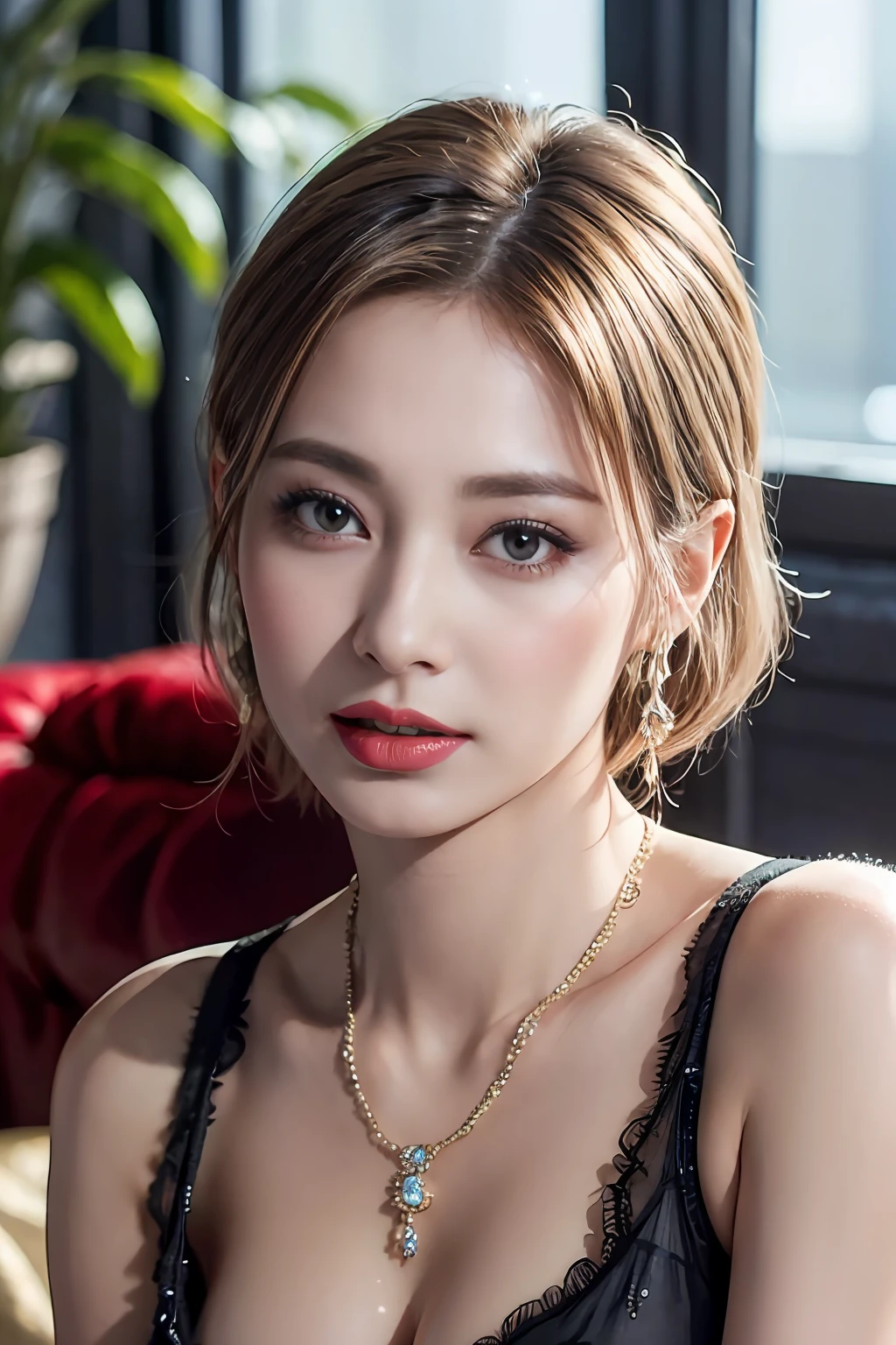 Very short bob of any hair color, short bob of any hairstyle, RAW photo, photorealistic, (very dark lip gloss), so many eyelashes, elegant eyeshadow, white skin, glossy skin, high quality, high resolution, depth of field, chromatic aberration, caustics, (Japan idol), Instagramer, necklace, single woman, earrings, bracelets, (((Colossal breasts: 1.3, round breasts: 1.3)))), (red and black nightdress), chic sofa, cleavage poses, seductive makeup, seductive gestures, bewitching look, cruel look, bust up