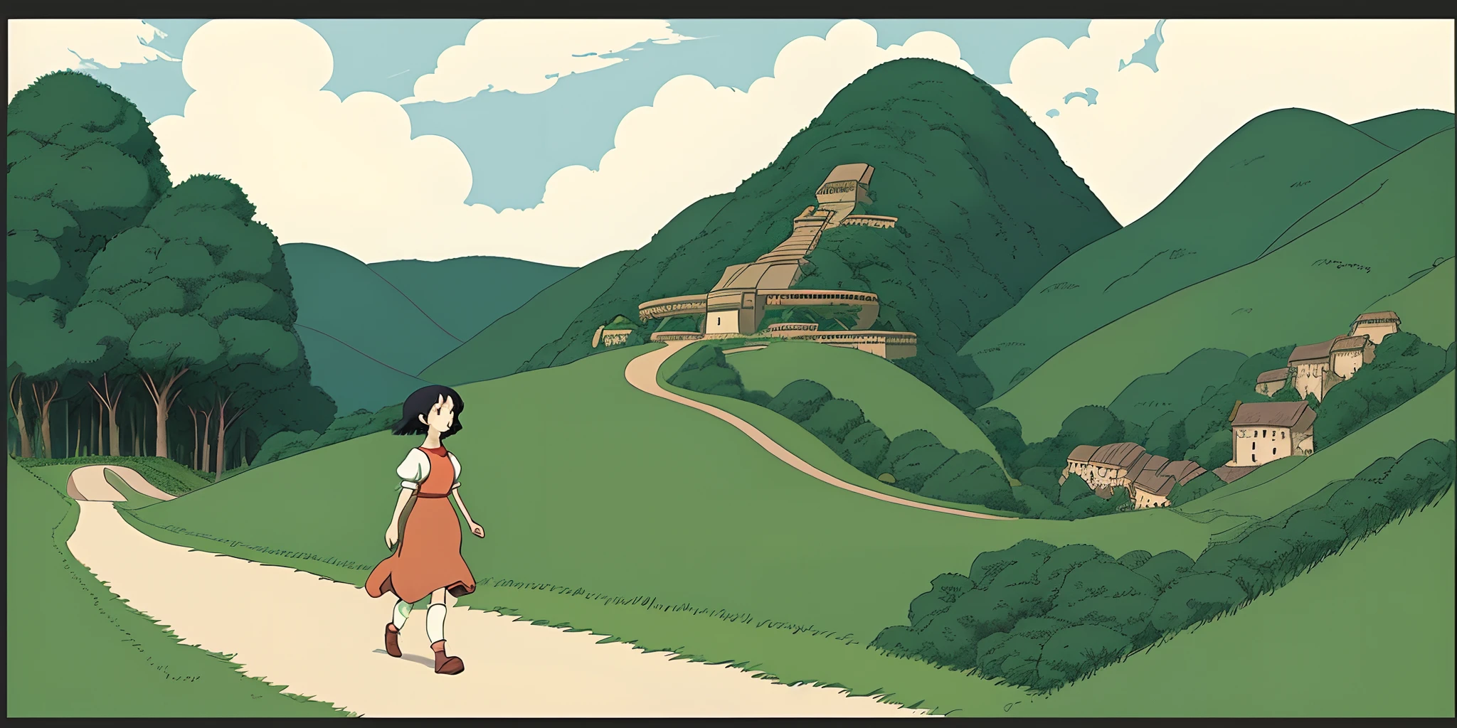 Ghibli retro scene, Girl on the way uphill, Minimal shading, courageous, rugose, 2D, flat, low detailed, Pioneer of animated cinema