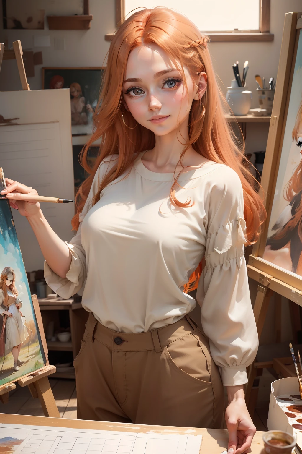 Create a cool and attractive girl in her early twenties with a flawless complexion and long, wavy auburn hair. She has deep blue eyes, stands at 5'7", and has a fit physique. She wears a mint green cropped top with a high-waisted black skirt, a red blazer, black ankle boots, and simple accessories. She exudes confidence and has a magnetic presence.
