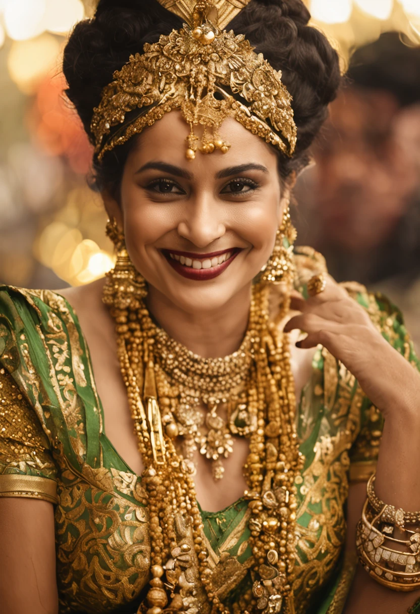 a closeup of a smiling woman in a golden dress holding a bouquet, wearing ornate clothing, wearing elaborate green and gold, wearing an ornate outfit, wearing golden ribs, ornate attire, traditional clothing, traditional dress, very beautiful bridal style, wearing jewelery gold, traditional clothing, Indian Empress, golden adornments, covered in gold, traditional costume, elegant royal pose