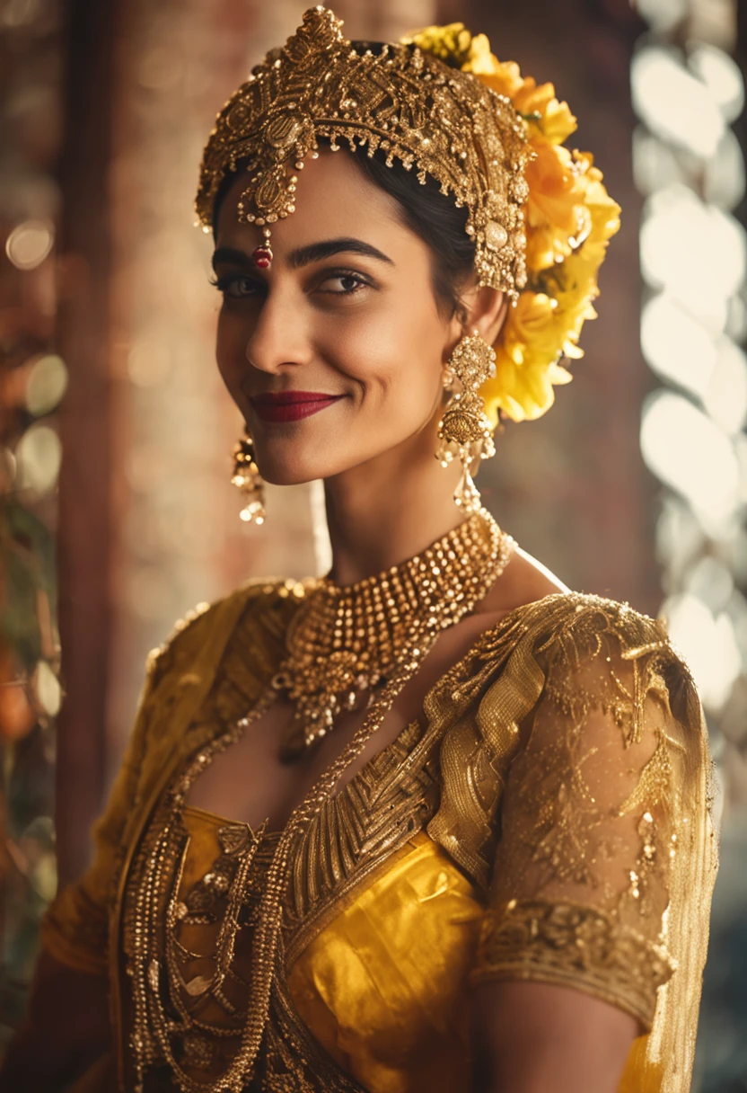 a closeup of a smiling woman in a golden dress holding a bouquet, wearing ornate clothing, wearing elaborate green and gold, wearing an ornate outfit, wearing golden ribs, ornate attire, traditional clothing, traditional dress, very beautiful bridal style, wearing jewelery gold, traditional clothing, Indian Empress, golden adornments, covered in gold, traditional costume, elegant royal pose