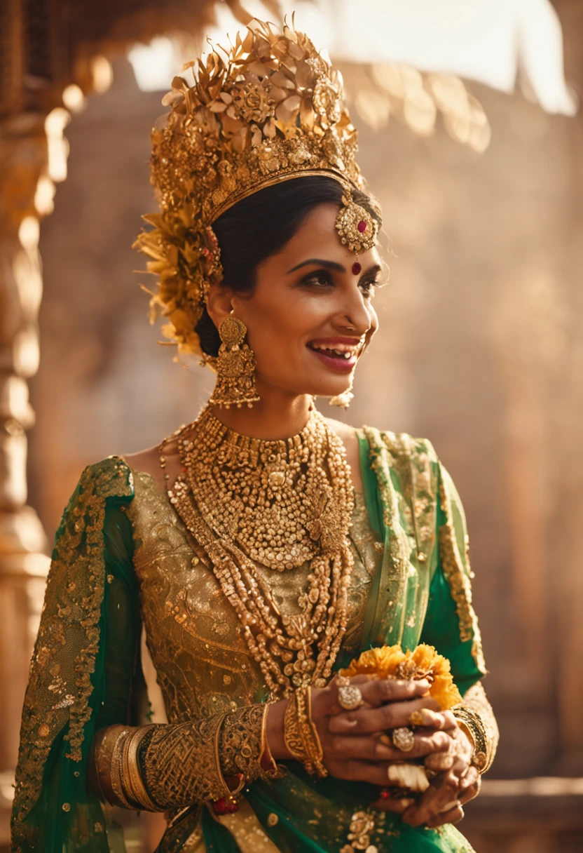 a closeup of a smiling woman in a golden dress holding a bouquet, wearing ornate clothing, wearing elaborate green and gold, wearing an ornate outfit, wearing golden ribs, ornate attire, traditional clothing, traditional dress, very beautiful bridal style, wearing jewelery gold, traditional clothing, Indian Empress, golden adornments, covered in gold, traditional costume, elegant royal pose