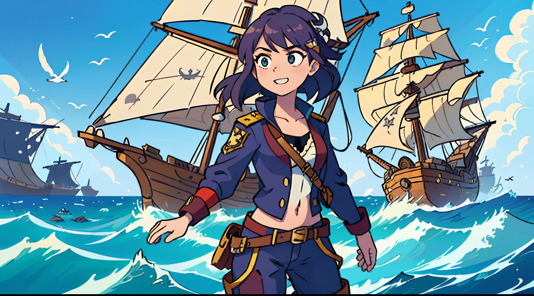 Female captain pirate is in on travel with her pirate crew searching for a treasure in their galleon ship on the ocean, animated and fun scene, everybody is having fun, colorful scene, sunny and daylight, seagulls flying around, panoramic view, high definition, ultra quality, sunlight, water particles and sea waves, intricate details, volumetric illumination, Field depth, masterpiece