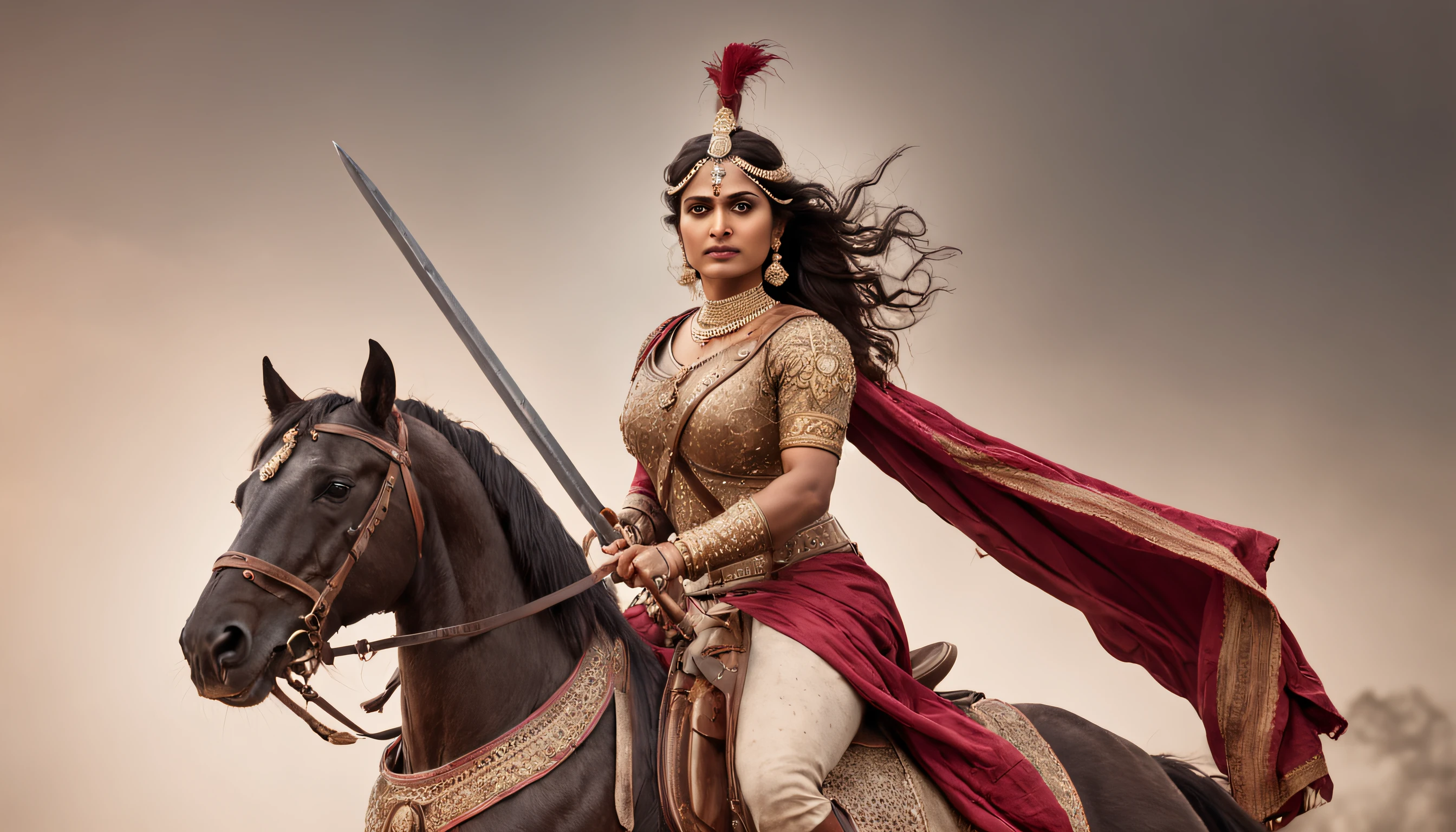 Historical portrayal of the brave warrior queen, Rani Lakshmibai, riding on her gallant steed, sword raised high in a battle-ready pose, adorned in majestic armor and traditional attire. The artwork should capture the essence of her strength, courage, and indomitable spirit, while the background illustrates a battlefield infused with smoke and chaos, dramatic lighting, and historical accuracy. Rendered in a style reminiscent of the classical artworks of the 19th century with attention to fine details and intricate textures. Acclaimed artists like Frederic Leighton, John Everett Millais, and Gustave Doré serve as inspiration, while incorporating elements of cinematic composition to emphasize the heroic nature of her struggle. 64k image